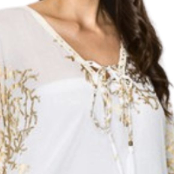 Women’s NWT Elegant White and Metallic Gold Pom Pom Long Kaftan, One Size. - Picture 6 of 7